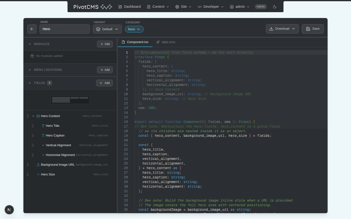 Pivot CMS component editor — field tree on the left, Monaco TSX editor on the right
