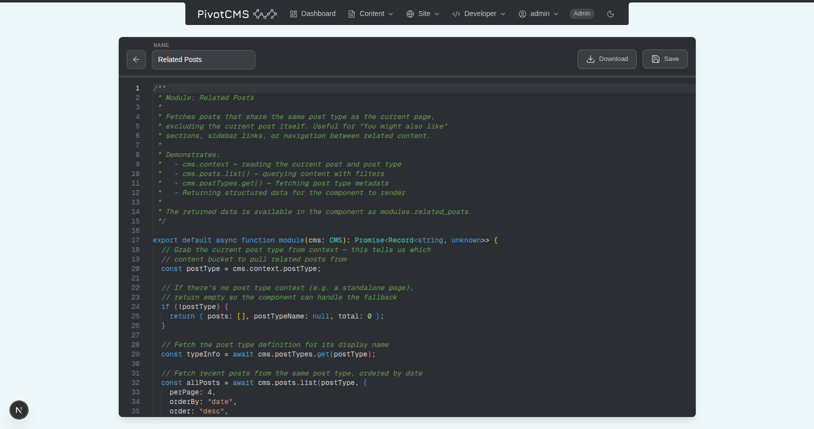 Pivot CMS module editor — Monaco code editor with TypeScript syntax highlighting