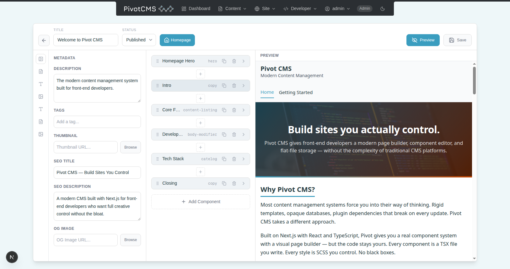 Pivot CMS page builder — drag-and-drop content blocks