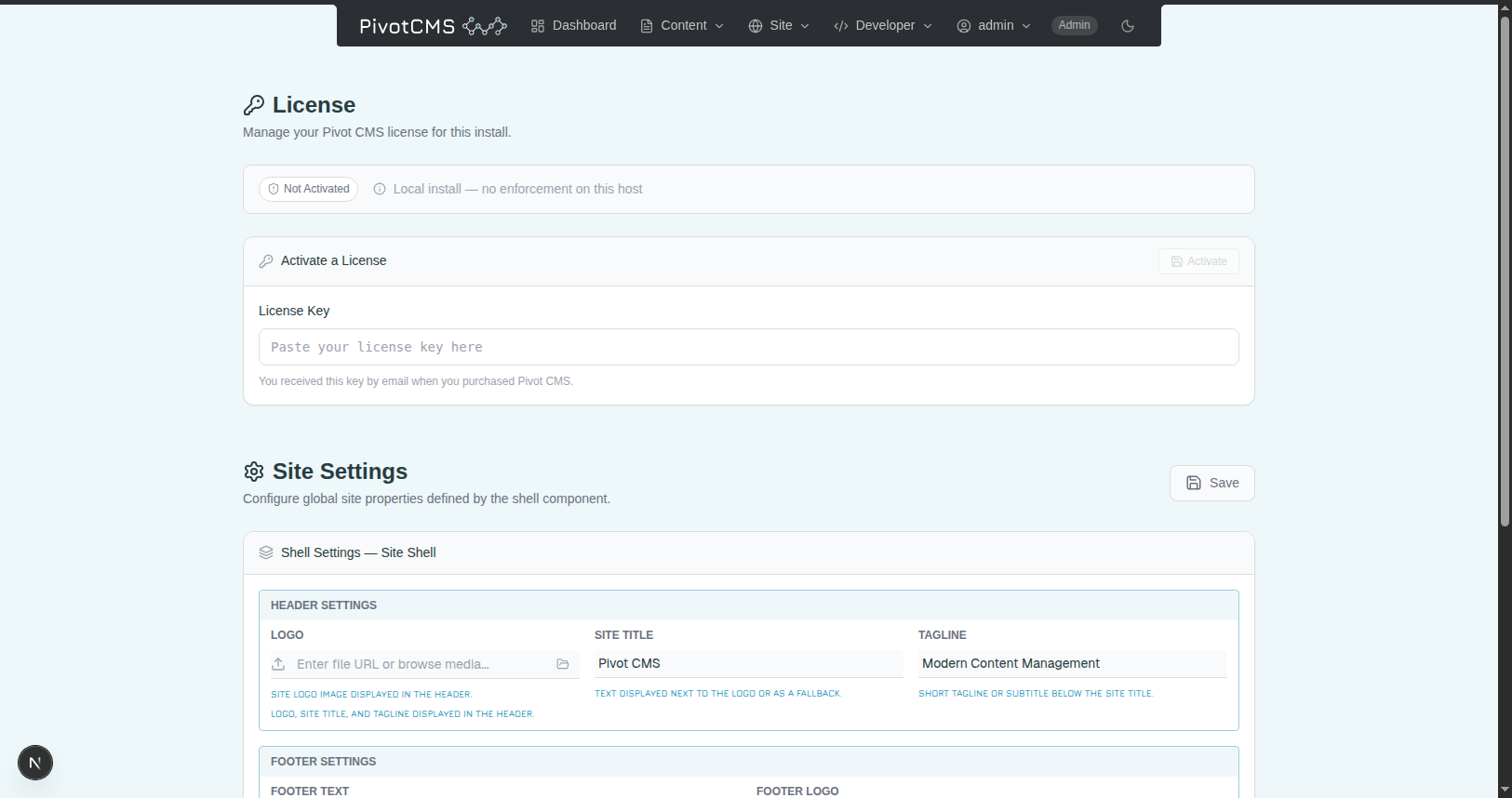 Pivot CMS site settings panel — license, shell, and theme controls